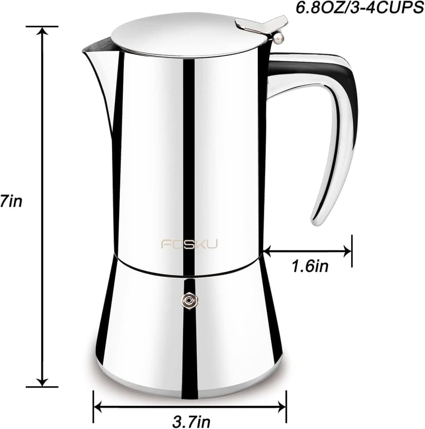 Stovetop Espresso Maker, Stainless Steel Moka Pot, Italian Style Coffee Machine Maker Suitable for Induction, Espresso Pot For 3-4 Cups, 200ml