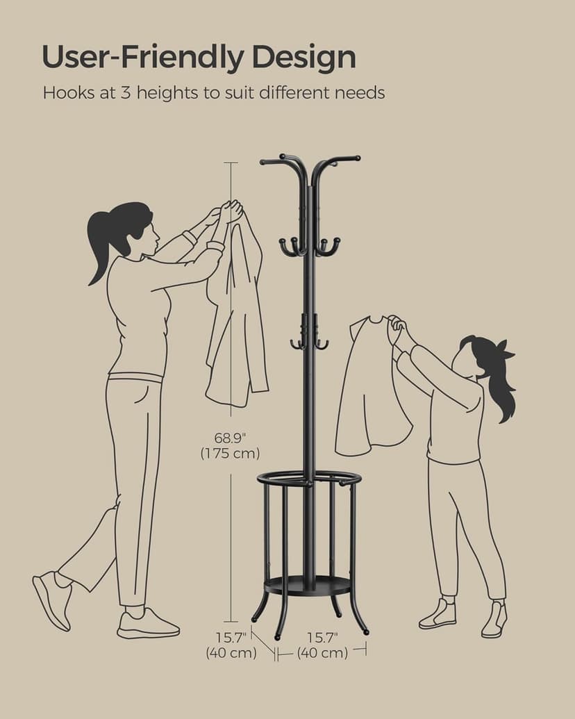 SONGMICS Coat Rack Freestanding, Coat Rack with Umbrella Holder with 12 Hooks, for Entryway, Hallway, Living Room, Bedroom, Ink Black URCR011B01