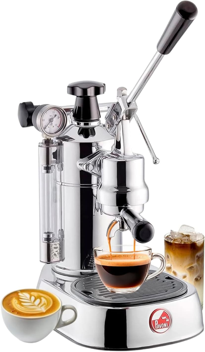 La Pavoni PC-16 Professional Espresso Machine - 16-Cup Capacity Lever Espresso Maker - Chrome Finish- Solid Brass 38oz Boiler - Dual Frothing Systems & Mounted Pressure Gauge - Made in Italy