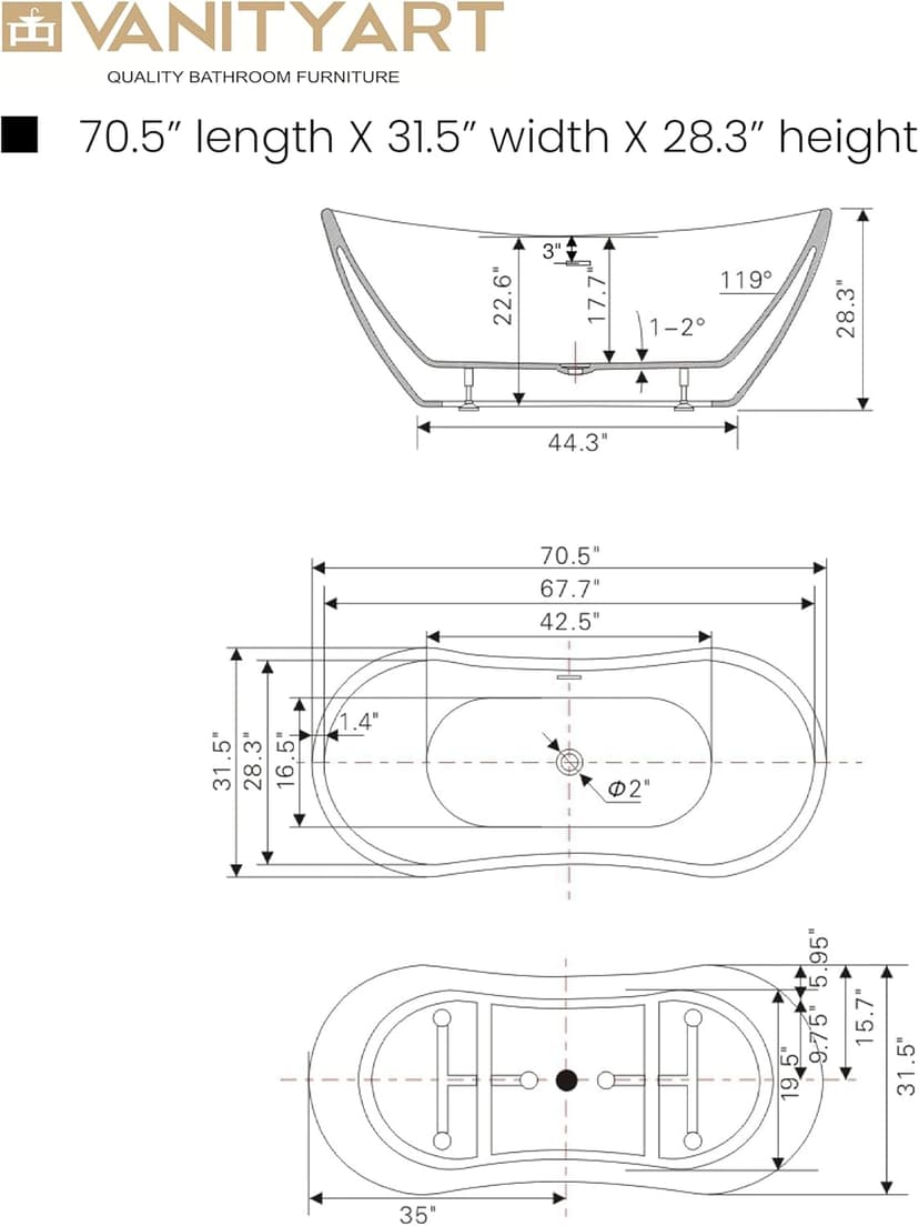Vanity Art 71" Freestanding Bathtub | Free Standing Tub Stand Alone Tub with Contemporary Design for Soaking and Bathing, Overflow and Pop-up Drain with UPC Certified, Acrylic, VA6517-PW