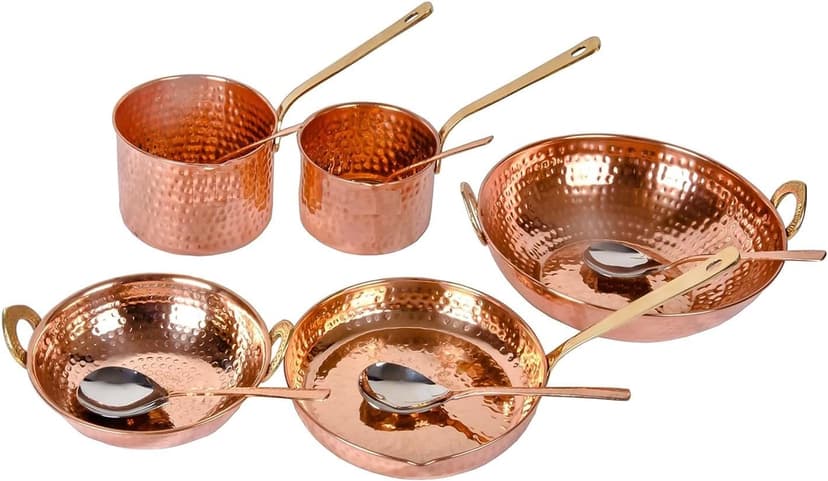 Pure Cookware 10 Piece Set with Serving Spoon (Sauce Pan | Copper Kadhai Set | Copper Fry Pan) with Brass Handle for Cooking Purpose