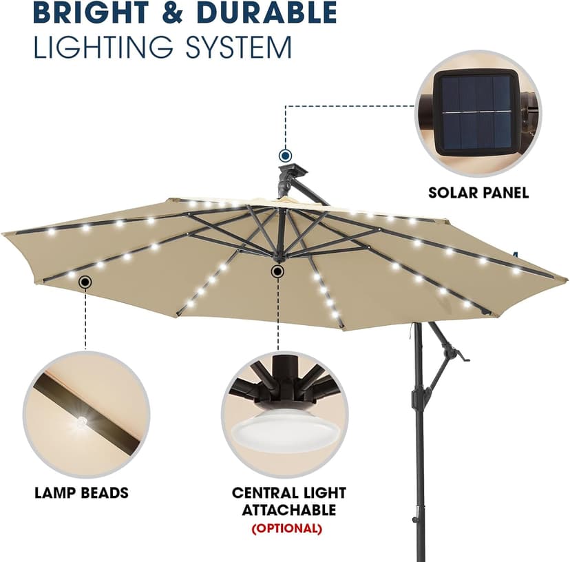 wikiwiki 10FT Solar Patio Offset Umbrella with Base Included, Outdoor Cantilever Umbrella Hanging Umbrellas with Weighted Sandbag Base, Market Patio Umbrella for Backyard, Garden & Deck, Beige