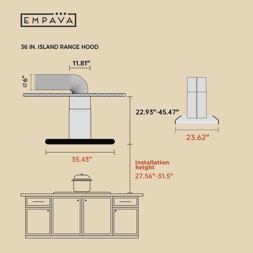Empava 36 Inch Island Range Vent Hood Ceiling-Mount, Convertible Ducted/Ductless, 3-Speed Touch Control Timer, Stainless Steel Baffle, 4 LED Lights (Charcoal Filters Sold Separately)