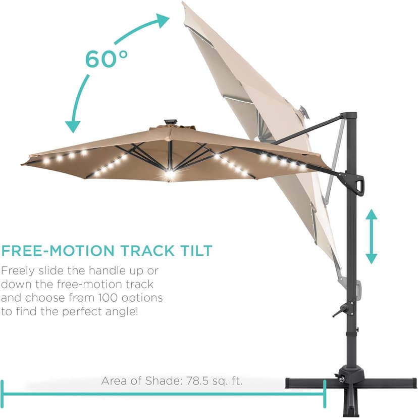 Best Choice Products 10ft Solar LED Cantilever Patio Umbrella, 360-Degree Rotation Hanging Offset Market Outdoor Sun Shade for Backyard, Deck, Poolside w/Lights, Easy Tilt, Cross Base