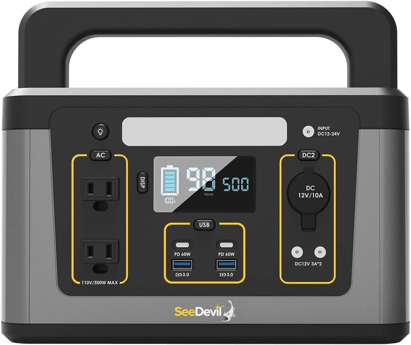 SeeDevil Portable Power Station 500W, 560Wh Lithium Battery, 110V/500W Pure Sine Wave AC Outlet, Solar Generator (Solar Panel Not Included) Great for Camping, Emergency Power, Off-Grid, Outdoor use