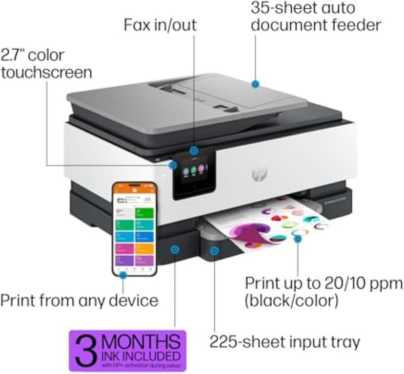 HP OfficeJet Pro 8135e Wireless All-in-One Color Inkjet Printer, Print, Scan, Copy, Fax, ADF, Duplex Printing, Best-for-Home Office, 3 month Instant Ink trial included (40Q35A)