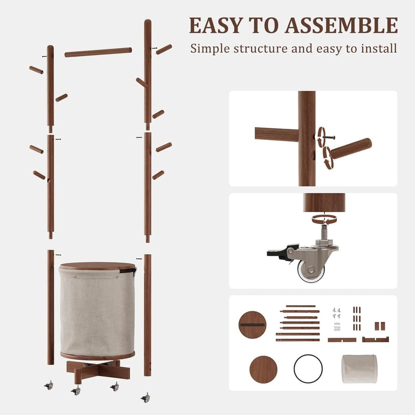 Solid Wood Coat Rack with Fabric Basket - Coat Hanger Stand Coat Tree Rack Freestanding with 9 Hooks Wheels, Small Clothes Rack For Entryway Bedroom Hallway Living Room