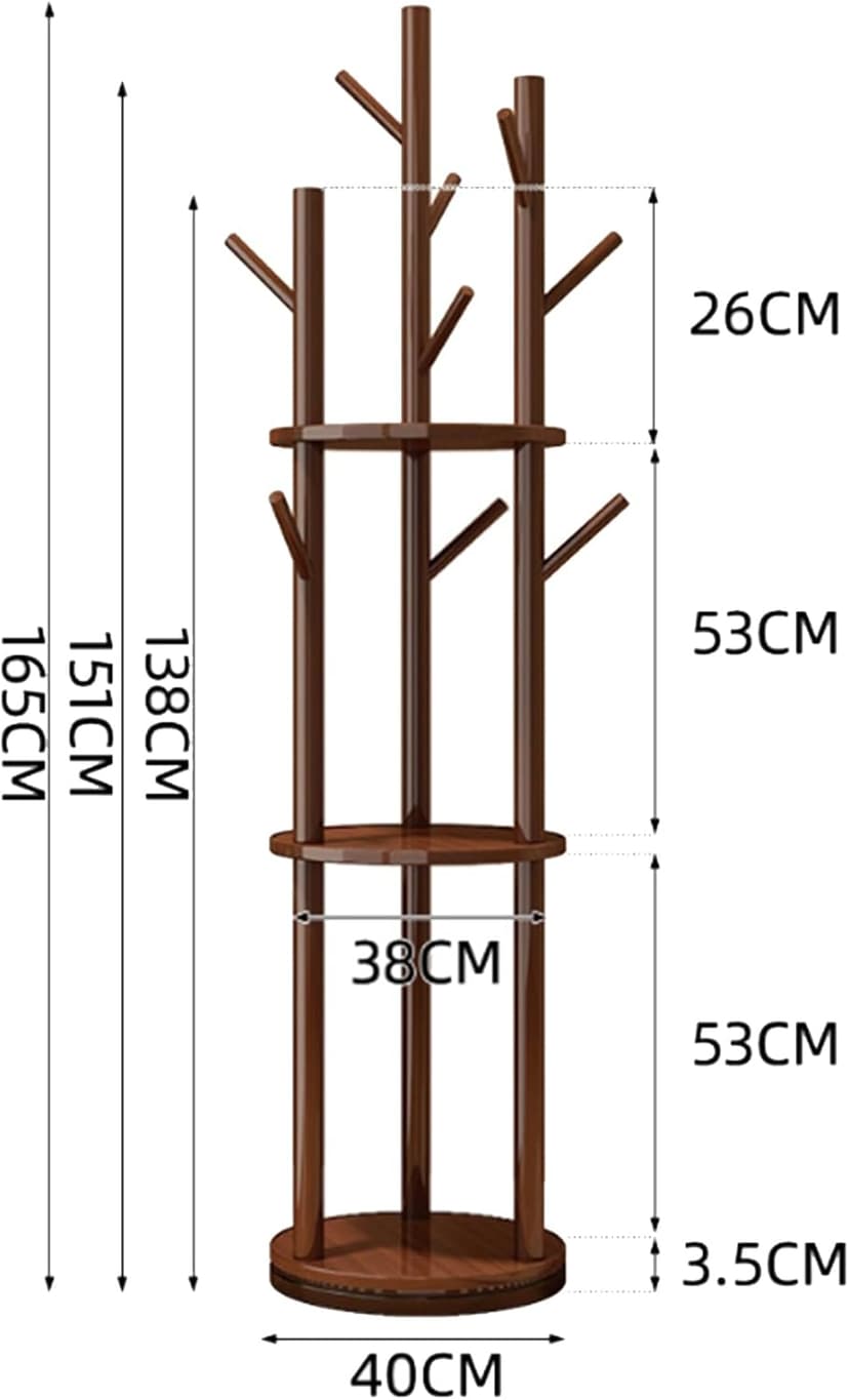 Solid Wood Rotary Coat Rack, Freestanding Coat Rack with 3 Shelves and 9 Hooks, Coat Tree for Bedroom, Entryway, Livingroom, Coat Hanger Stand,Walnut