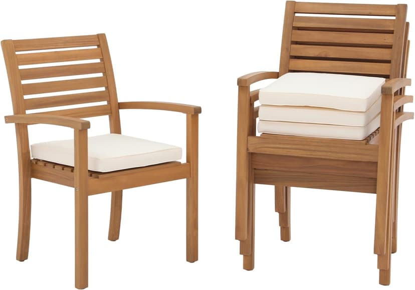 OC Orange-Casual Stackable Patio Dining Chairs Set of 4, Outdoor Acacia Wooden Chairs w/Armrest & Removeable Fabric Cushion, for Porch, Backyard, Garden, Indoor, Beige