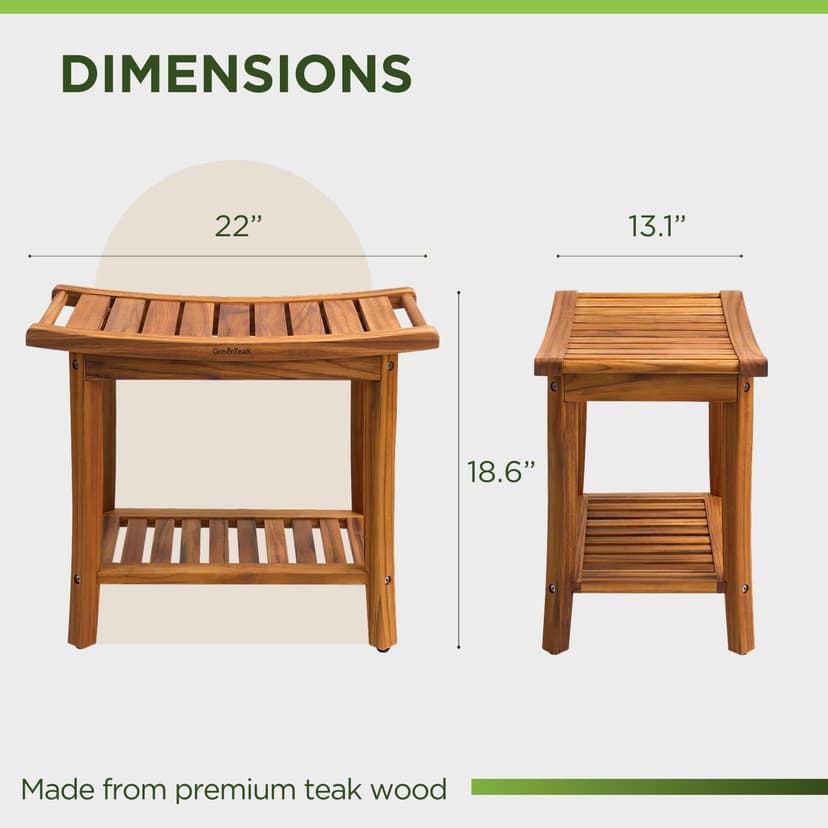 Premium 22" Teak Shower Bench with Handles, Waterproof Teak Shower Stool, Wooden Stool for Bathroom, Teak Wood Shower Bench Stool Seat Chair for Shower Storage Shelf, 300 Lbs Capacity