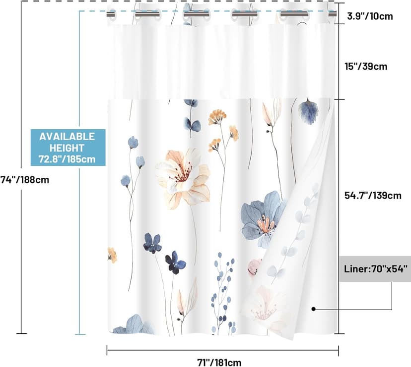 No Hook Shower Curtain with Snap in Liner - Watercolor Floral Shower Curtain - Fabric Waterproof Inner Liner, Plants Blue Beige Flowers White Cloth Shower Curtains Washable, 71 x 74 Inch