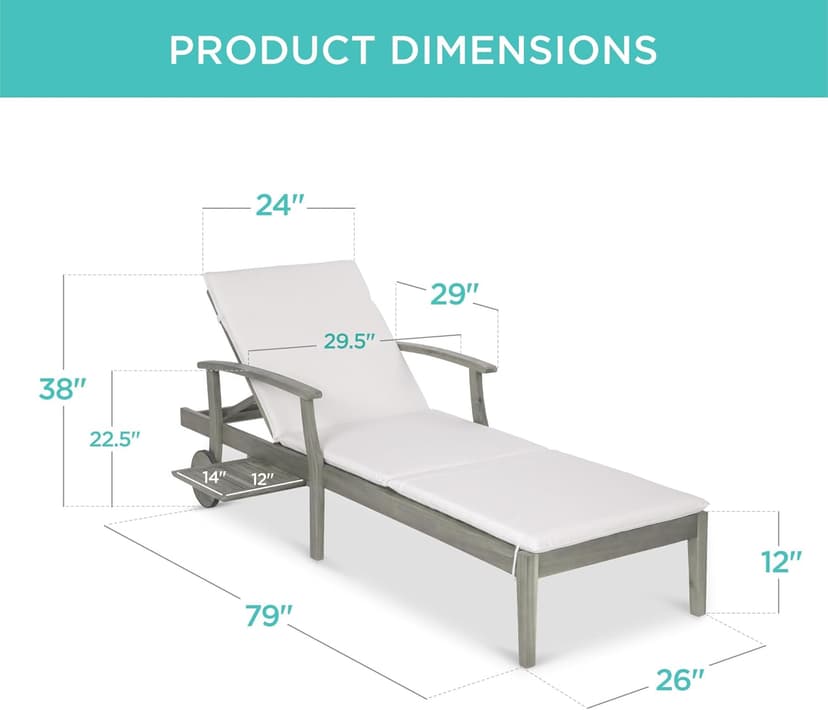Best Choice Products 79x26in Acacia Wood Chaise Lounge Chair Recliner, Outdoor Furniture for Patio, Poolside w/Slide-Out Side Table, Foam-Padded Cushion, Adjustable Backrest, Wheels - Gray/Cream