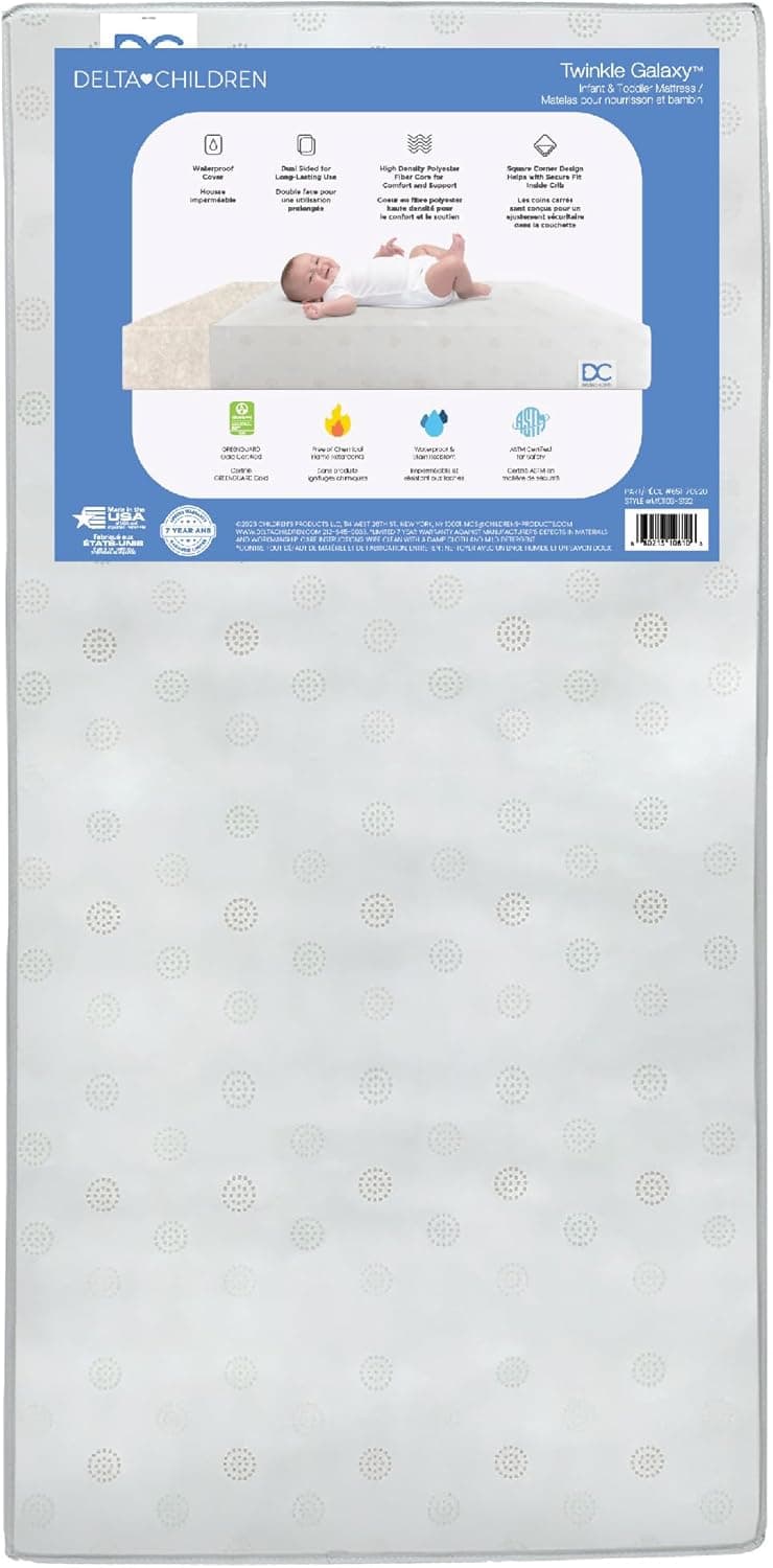 Delta Children Twinkle Galaxy Dual Sided Crib and Toddler Mattress - Premium Sustainably Sourced Fiber Core - Waterproof - GREENGUARD Gold Certified (Non-Toxic) - 7 Year Warranty - Made in USA