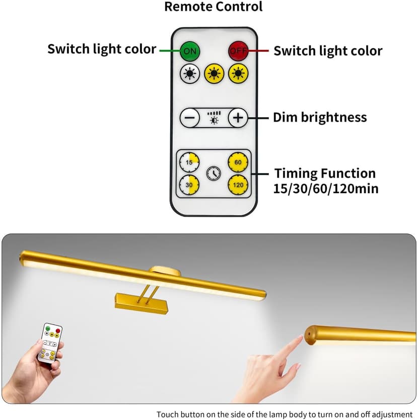 24.4" Wireless Picture Lights, Rechargeable Battery Art Display Light with Remote Control, Dimmable/Timer Off Dartboard Light, 3 Lighting Modes Full Metal Painting Display Lights (Gold-1Pack)