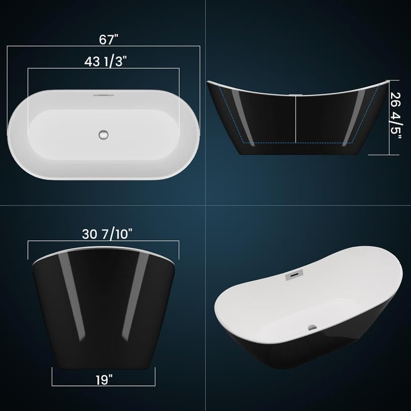 59" Acrylic Freestanding Bathtub, Free Standing Soaking Tub, Freestanding Tub with Overflow and Matte Silver Drain, Modern Bathtub for Bathroom, Hotel, Easy to Install, CUPC Certified, Black, Sky