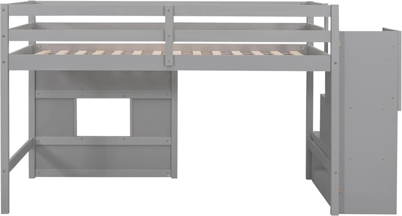 SOFTSEA Low Loft Bed with Stairs, Twin Size Loft Bed with Storage Staircase and Window, Kids Low Loft Bed Frame with Playhouse for Teens Juniors, No Box Spring Needed, Grey