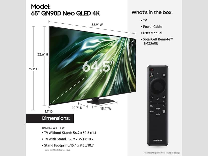 Samsung 65-Inch Class Neo QLED 4K QN90D Series Mini LED, Neo Quantum HDR+ Smart TV w/Dolby Atmos, Object Tracking Sound+, Motion Xcelerator, Real Depth Enhancer Pro, Alexa Built-in (QN65QN90D, 2024)