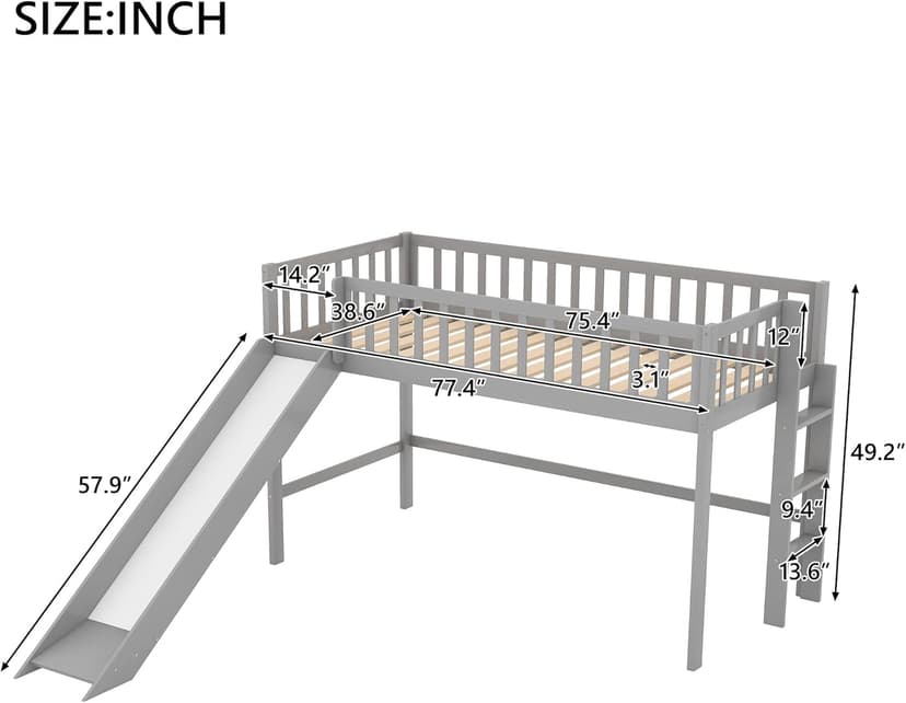 Bellemave Twin Size Loft Bed for Kids,Low Loft Bed with Slide and Ladder,Wood Loft Bed Twin for Girls Boys,Grey