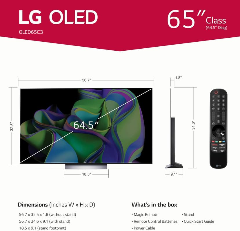 LG C3 Series 65-Inch Class OLED evo 4K Processor Smart Flat Screen TV for Gaming with Magic Remote AI-Powered OLED65C3PUA, 2023 with Alexa Built-in