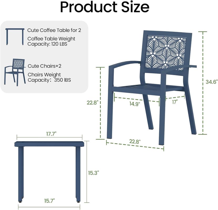 Outdoor Bistro Set for 2, Stackable Modern Porch Furniture Set,Waterproof Patio Furniture Set w/2 Chairs 1 Coffee Table,Bistro Set for Indoor Outdoor Porch Garden Patio Deck,Peacock Blue