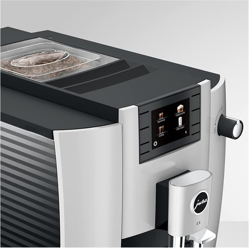 Jura E6 Automatic, Affordable Espresso Machine with Programmable Coffee Strength (Platinum) Bundle with Smart Filter Cartridge, Cleaning Tablets, Coffee Beans Bag, and Glass Milk Container (5 Items)