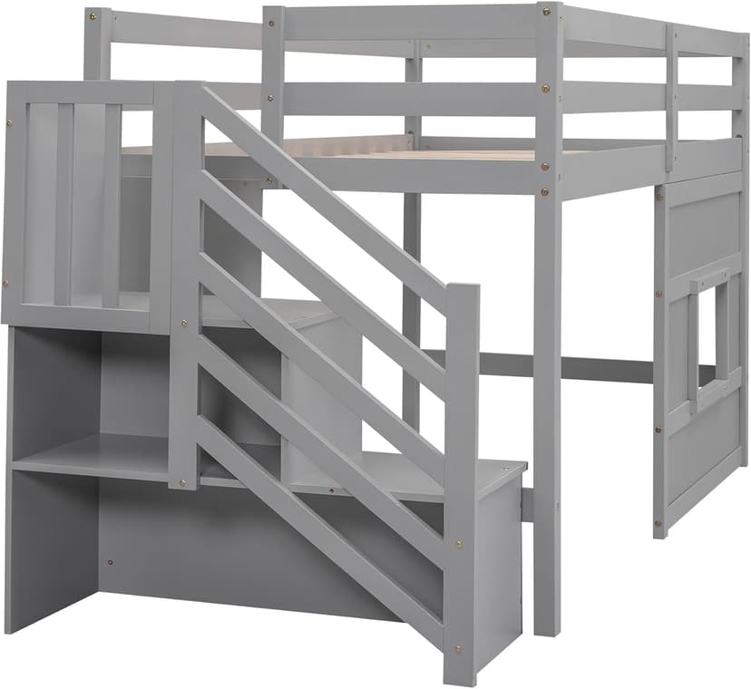 SOFTSEA Low Loft Bed with Stairs, Twin Size Loft Bed with Storage Staircase and Window, Kids Low Loft Bed Frame with Playhouse for Teens Juniors, No Box Spring Needed, Grey
