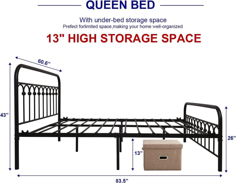 TUSEER Metal Bed Frame Queen Size with Vintage Headboard and Footboard Platform Base Wrought Iron Bed Frame (Queen,Black)