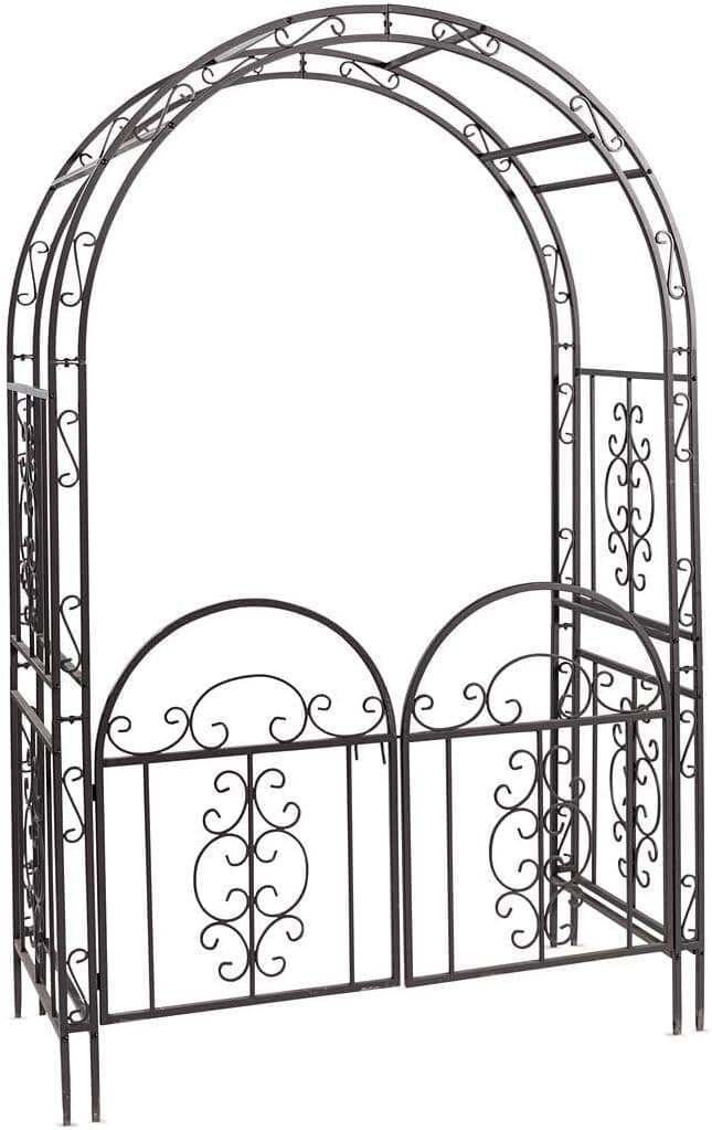 Plow & Hearth Arch Metal Outdoor Garden Arbor Double Gate | Montebello | 7 Feet Tall | Gunmetal Black | Trellis Lattice Climbing Plants