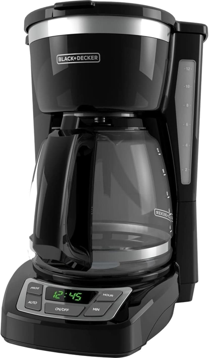 BLACK+DECKER 12-Cup Digital Coffee Maker, Programmable, Washable Basket Filter, Sneak-A-Cup, Auto Brew, Water Window, Keep Hot Plate, Black