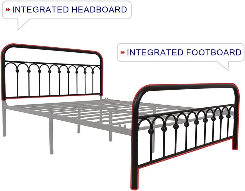 TUSEER Metal Bed Frame Queen Size with Vintage Headboard and Footboard Platform Base Wrought Iron Bed Frame (Queen,Black)