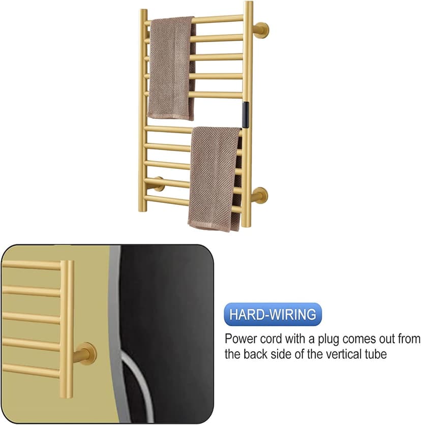 Gold Heated Towel Warmer Radiator Bathroom Accessories, Built-in Timer Temperature Control 10 Bars Electric Heated Towel Racks for Bathroom, Stainless Steel Towel Warmer Drying Rack, (Hardwired)