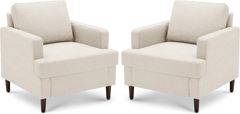 Mid-Century Accent Chair,Modern Linen Fabric Armchair for Living Room,Comfy Upholstered Reading Accent Chairs for Bedroom,Single Sofa Chair with Wood Legs (Beige, 2 Pack)