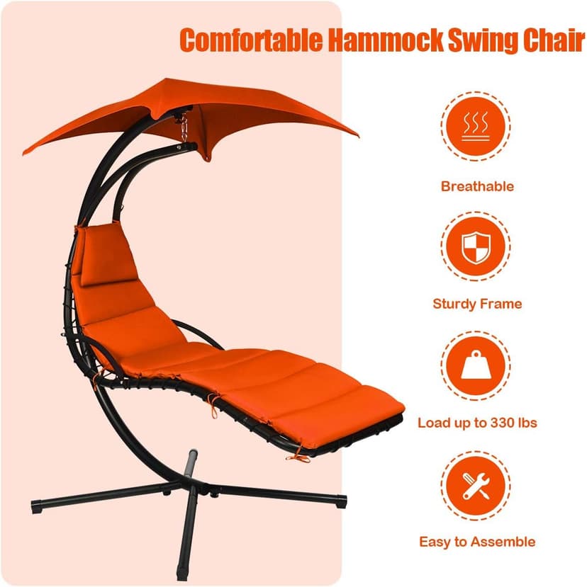 Giantex Hanging Chaise Lounger Chair, Arc Stand Porch Swing Chair w/Canopy, Cushion Built-in Pillow, Outdoor Freestanding Swing Hammock Chair for Patio Poolside Backyard Garden (Orange)