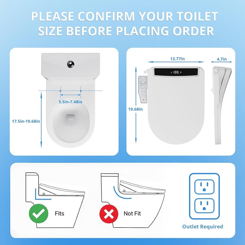 Electric Smart Bidet Toilet Seat Elongated with 4 Water Modes, Heated Toilet Seat with Instant Warm Water and Warm Dryer, Night Light, Slow Close Lid, LED Display, Side Arm Control (Round)