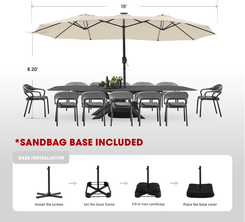 wikiwiki 15ft Large Patio Umbrellas with Base Included, Outdoor Double-Sided Umbrella with Crank Handle, Powerful UV Protective, for Pool Lawn Garden, Beige