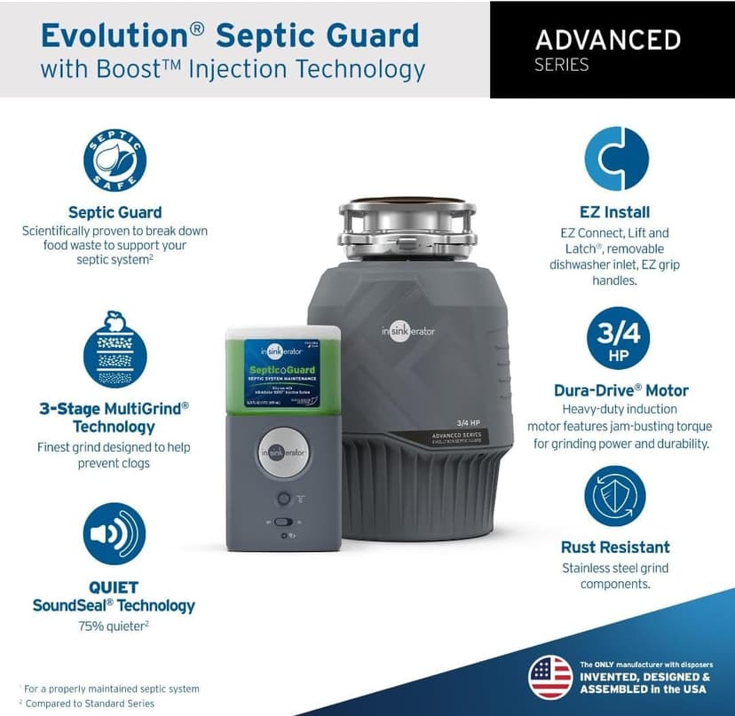 InSinkErator Evolution Septic Guard 3/4 HP Garbage Disposal, Advanced Series EZ Connect Continuous Feed Food Waste Disposer BOOST System with Septic Guard