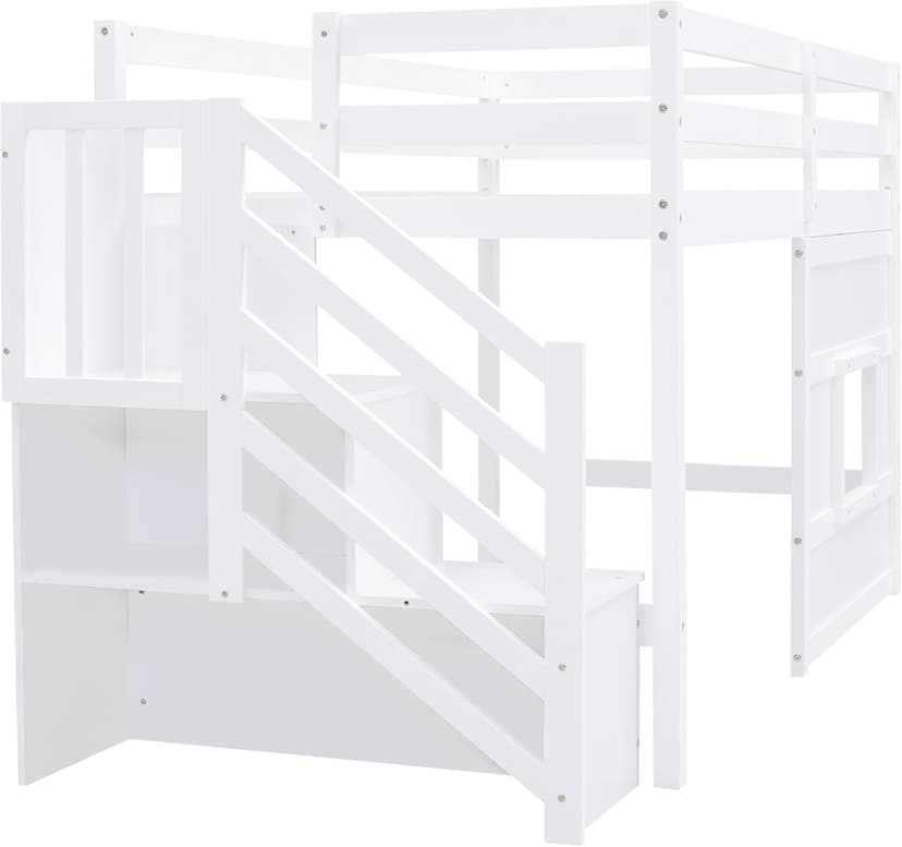 Twin Size Low Loft Bed with Stairs, Kids Loft Bed with Storage,Solid Wood Twin Loft Bed Frame for Kids, Space Saving Low Loft Bed for Boys, Girls, White