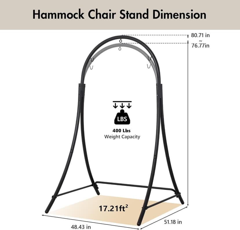 ANOW Adjustable Hammock Chair Swing Stand Only, Heavy Duty Hanging Chair Stand with Safety Hooks for Indoors Outdoors, Max 400 Lbs, Plus Size Version, Black