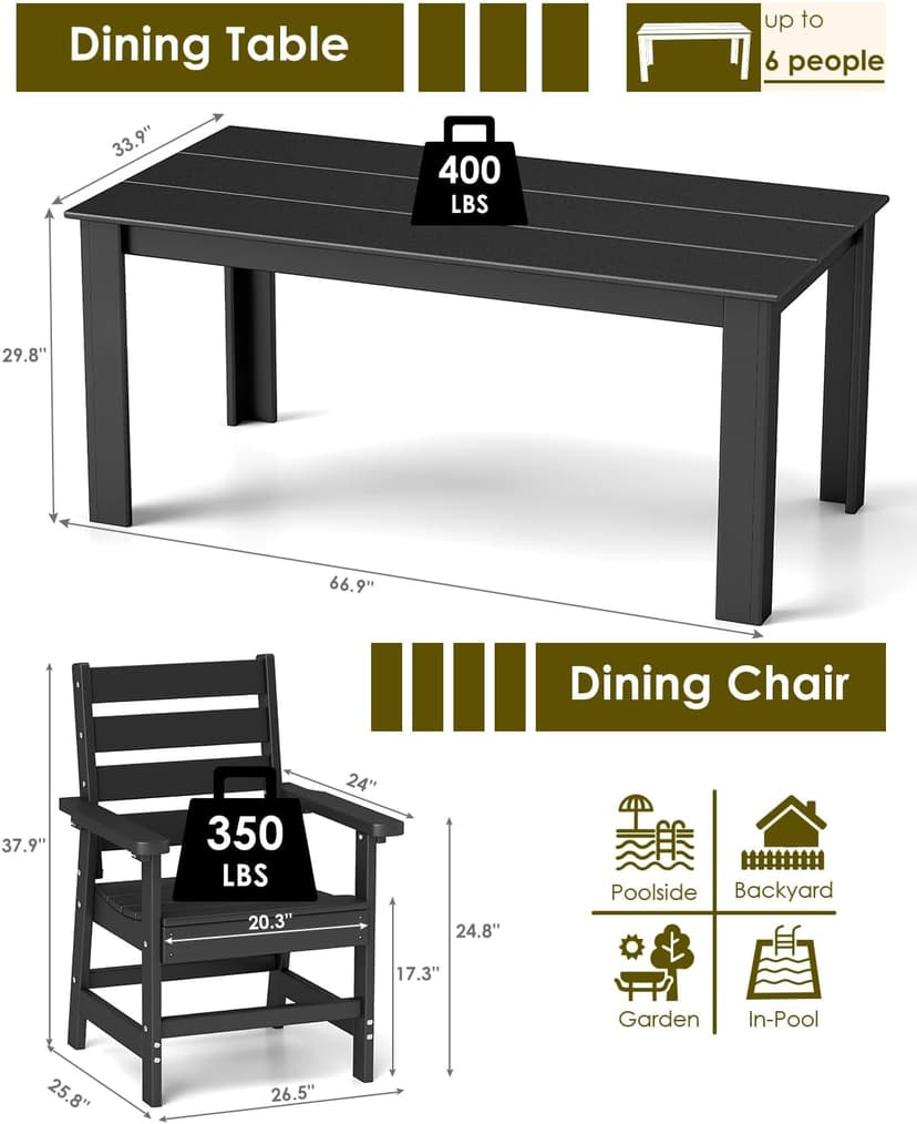 GREENVINES 7-Piece Outdoor-Dining-Set | HDPE Plastic 67'' Table and Chairs Sets for 6 | Patio Furniture | All Weather | Umbrella Hole | Black | for Poolside Garden Backyard