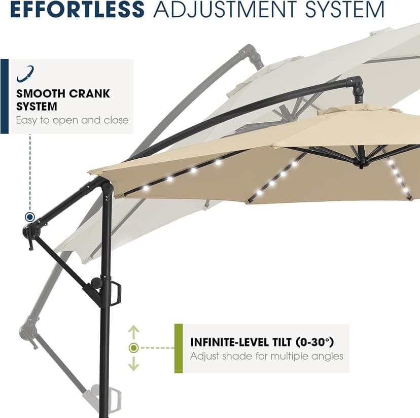 wikiwiki 10FT Solar Patio Offset Umbrella with Base Included, Outdoor Cantilever Umbrella Hanging Umbrellas with Weighted Sandbag Base, Market Patio Umbrella for Backyard, Garden & Deck, Beige