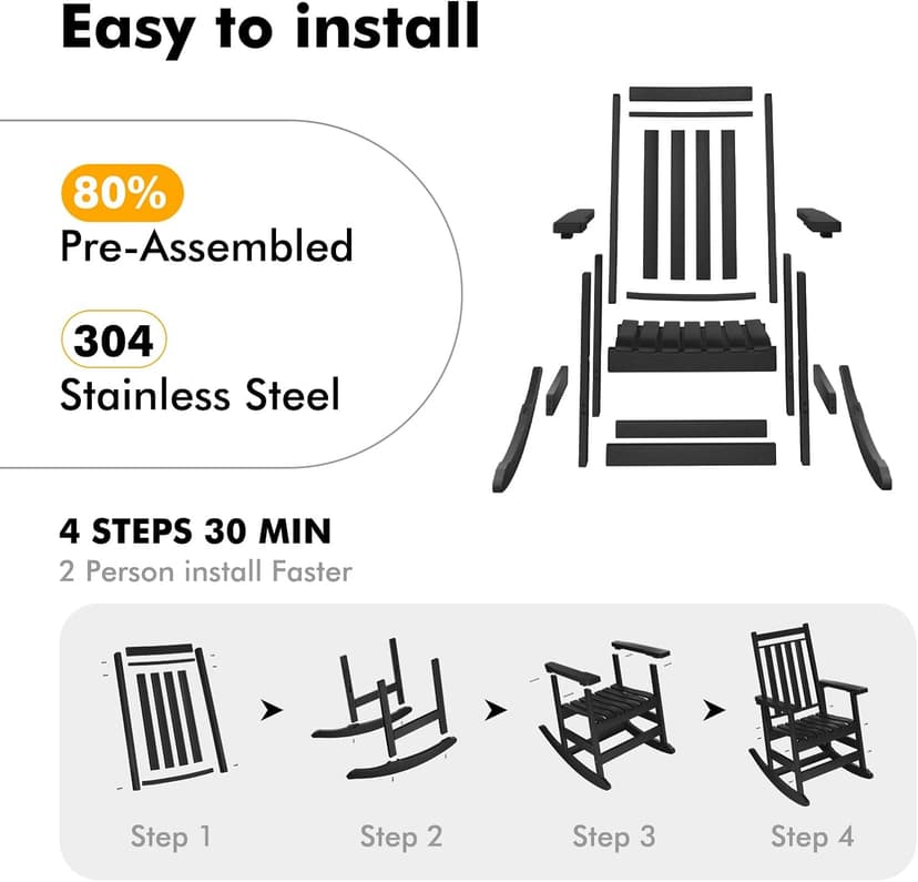 Oversized Outdoor Rocking Chairs Set of 2,All Weather Rocker Chair with More Comfortable Seat Panel for Porch Patio Outside(Black)