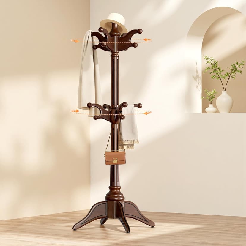 Solid Wood Rotary Coat Rack Freestanding, Heavy Duty Coat Hanger Stand with 2 layer Multi-direction Hooks, 360° Rotating Standing Coat Rack Tree for Entryway, Bedroom, Office, H: 77.6in (Walnut)