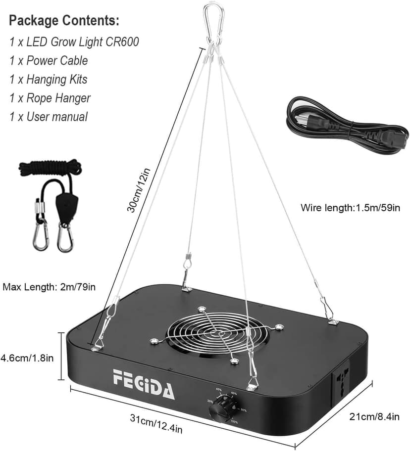 FECiDA LED Grow Light Dimmable 6000 Lumen 65 Watt, 2025 Best Grow Lights for Indoor Plants Full Spectrum, Hanging Seed Starting Seedlings Vegetable Growing Lamps, Daisy Chain Function, Built-in Fan