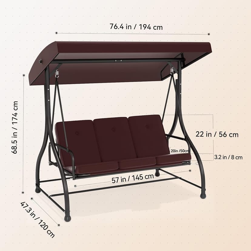 3-Seat Outdoor Patio Swing Glider - Heavy Duty Steel Frame with Adjustable Canopy & Removable Cushions - All Weather Porch Swings Chair for Backyard, Garden, Poolside - Brown
