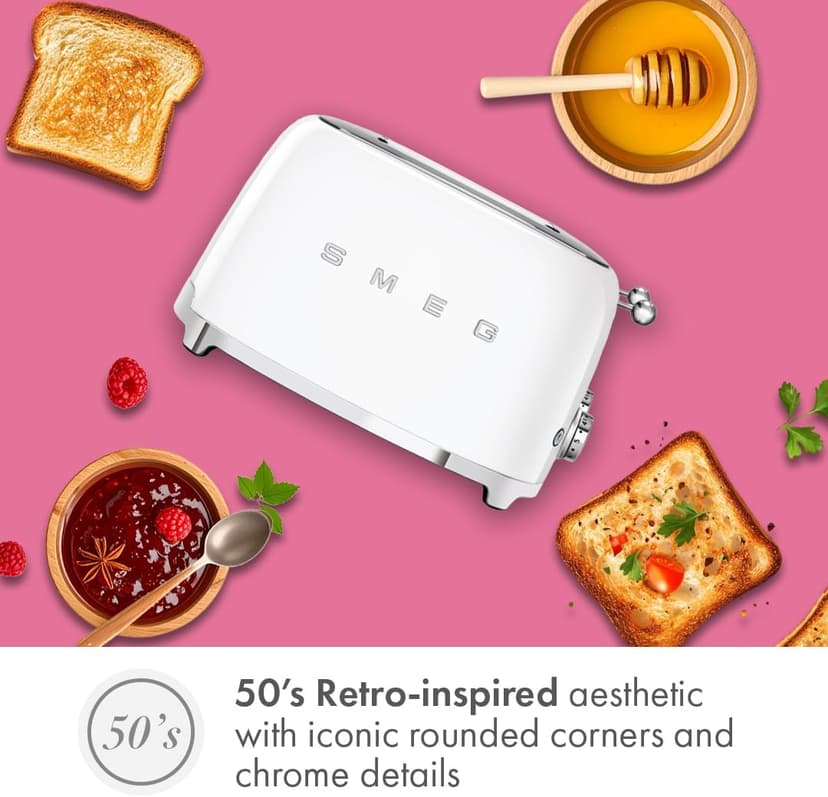 Smeg 50's Style Retro Aesthetic 4 Slice Toaster 6 Presets Extra Wide Slots White TSF03WHUS