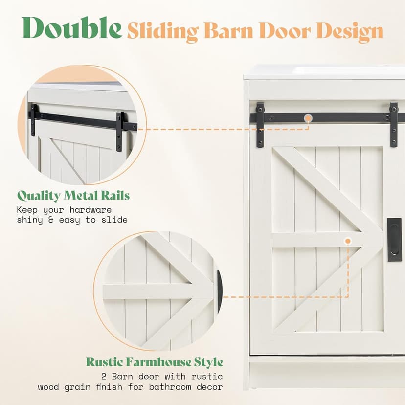 AMERLIFE 61" Farmhouse Double Bathroom Vanity with Sink Combo, Dual Basin Bathroom Storage Cabinet with Sliding Barn Doors & Drawers, Large Double Bath Vanity Sink Set, Rustic White