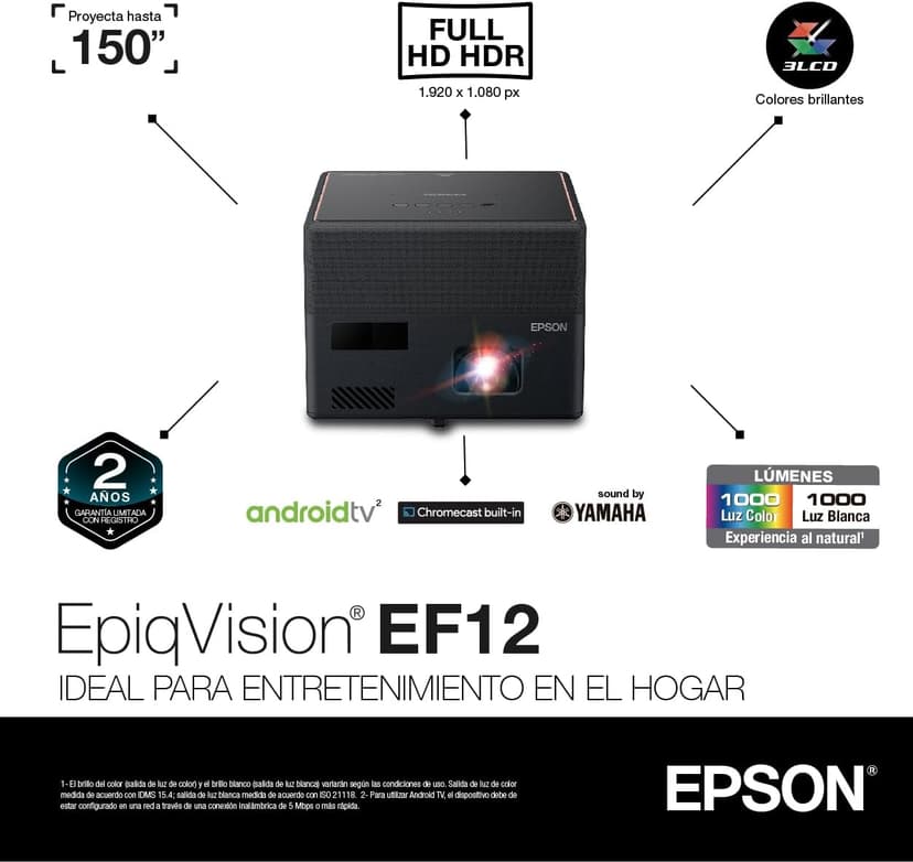 Epson EpiqVision Mini EF12 Smart Streaming Laser Projector, HDR, Android TV, Movies, Family Gaming, Portable, sound by Yamaha, 3LCD, Full HD 1080p, 1000 lumens Color & White Brightness Bluetooth Black