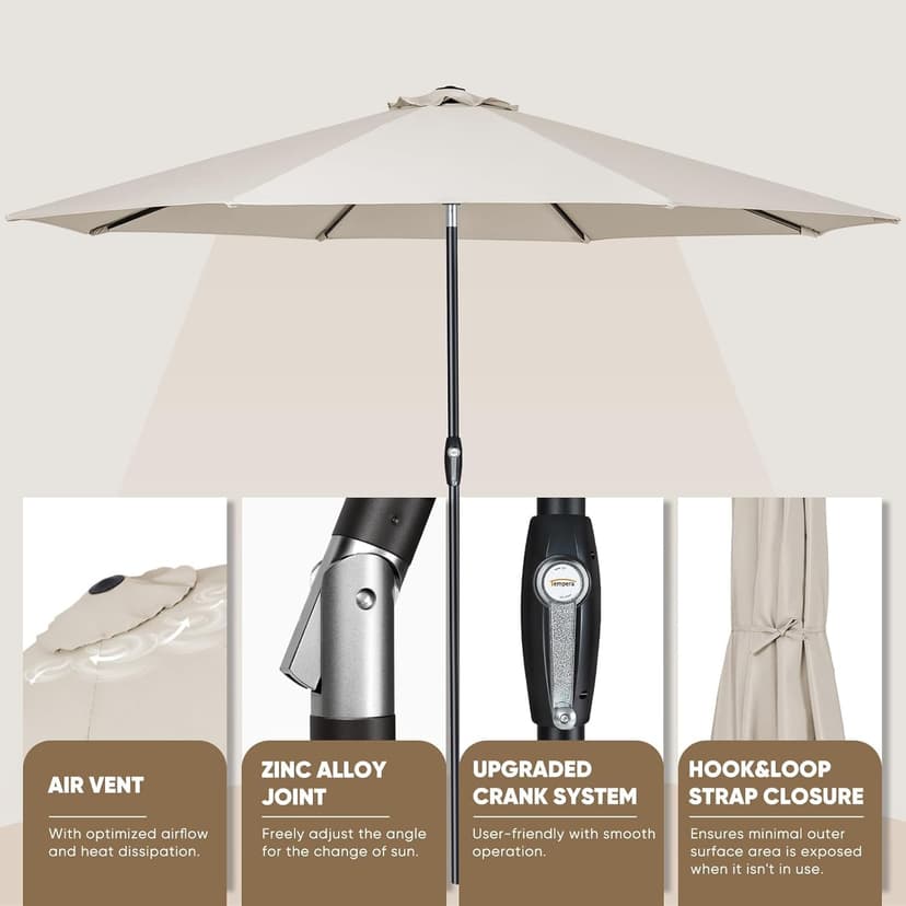 Tempera Patio Market Outdoor Table Umbrella with Auto Tilt and Crank,Large Sun Umbrella with Sturdy Pole&Fade resistant canopy,Easy to set