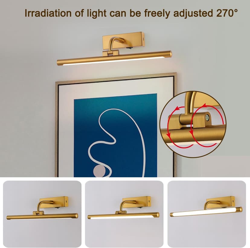 Battery Picture Light 3W 16” Wireless Art Lights for Paintings Brass Gold Rechargeable Gallery Light 3CCT Display Light with Remote and Timer Dimmable Wall Light for Portrait Dartboard Canvas