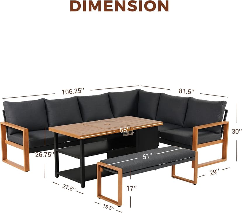 Grand patio 4-Piece Outdoor Furniture Set with Gas Fire Pit Table, Aluminum Patio Sofa Set for 8 with Faux Wood Grain Finish, Modern Patio Couch Sofa with Outdoor Bench and Chaise for Backyard